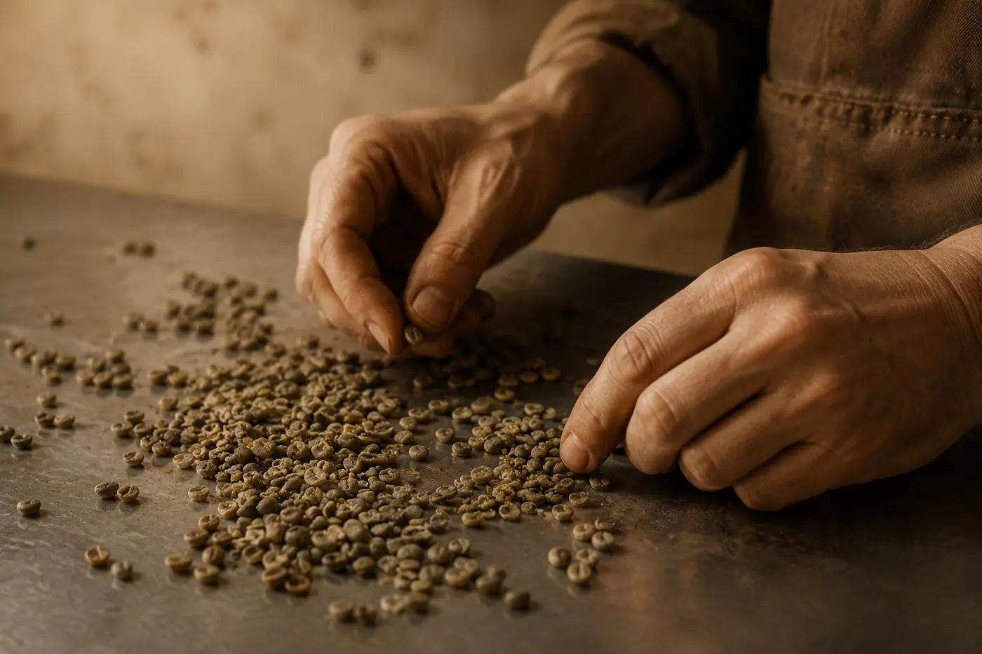 Hände sortieren grüne Kaffeebohnen auf einem Stahltisch