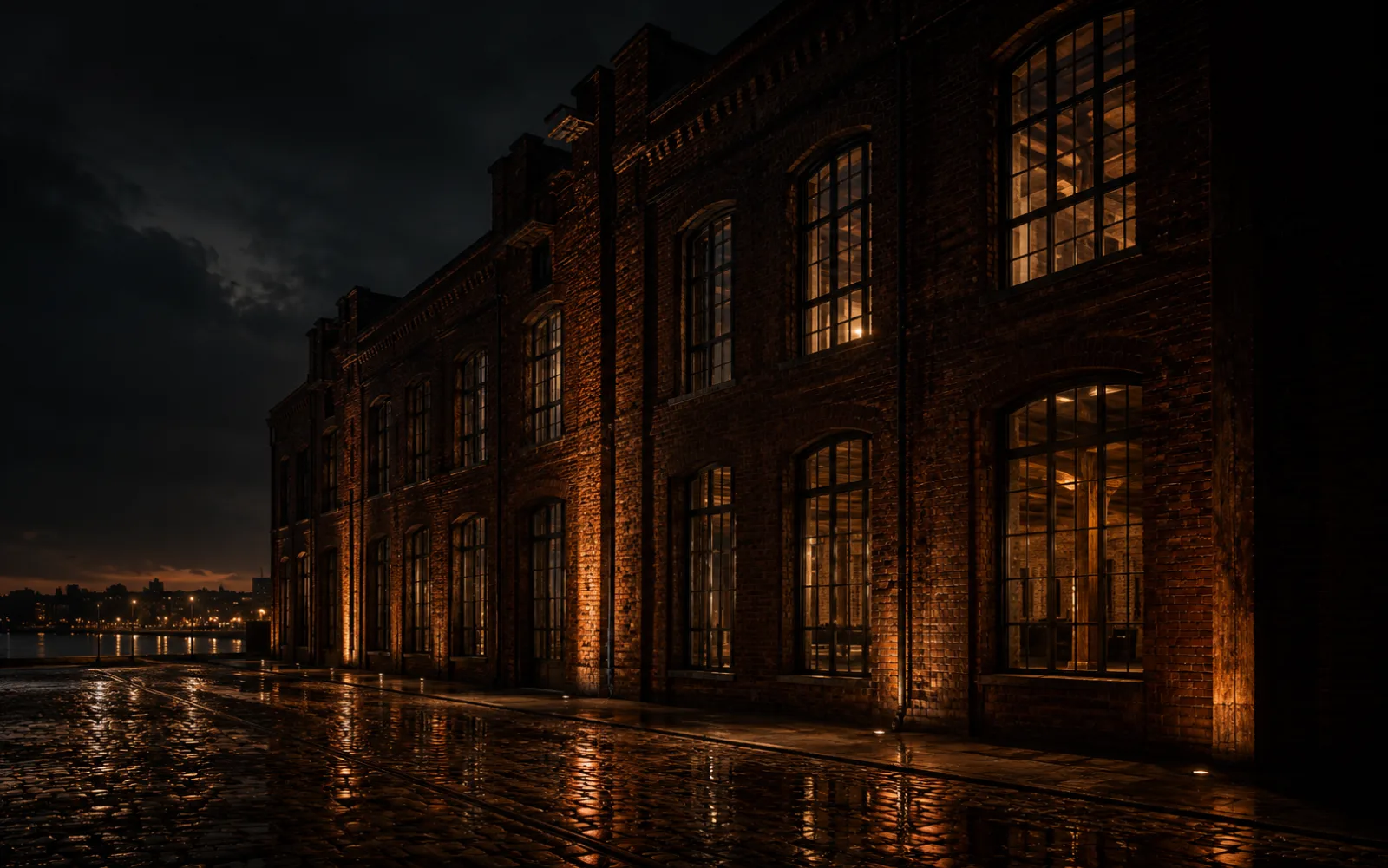 Backstein-Kontorhaus bei Abenddämmerung, warm erleuchtete Fenster