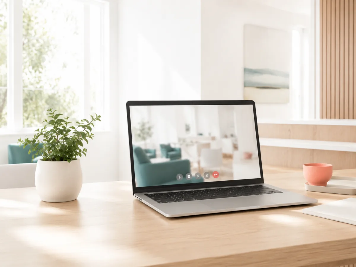 Laptop mit Videosprechstunde auf hellem Schreibtisch